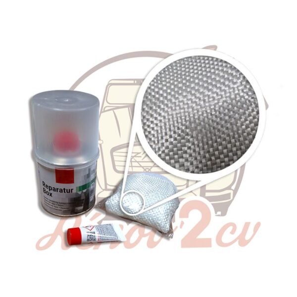 Kit de réparation résine + durcisseur + tissu fibre de verre 0.25Kg carrosserie Méhari – Image 2